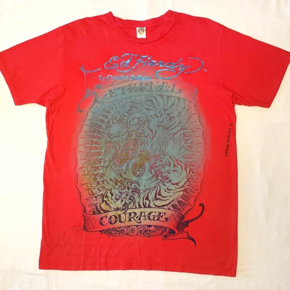 Men's ED HARDY "Eternal Courage" Tiger - Red Vintage XL T-shirt.